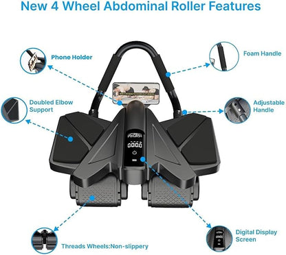 Ab Roller Home Gym Equipment – 4 Wheels Ab Wheel Muscle Roller with LCD Screen, Yoga Stretching Strap, 3 Resistance Bands – Comfortable Elbow Support with Non-Slip Handles – Time and Calorie Count
