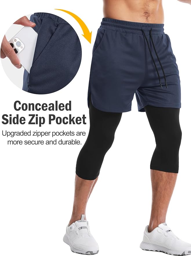 Aolesy Men's 2 in 1 Running Pants, Gym Workout Compression Pants for Men Training Athletic