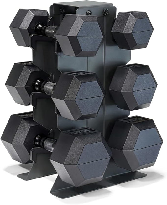 CAP Barbell Rubber Coated Hex Dumbbell Set with Vertical Rack | 100-300 lbs Free Weights Dumbbells Set for Home Gym | Multiple Options