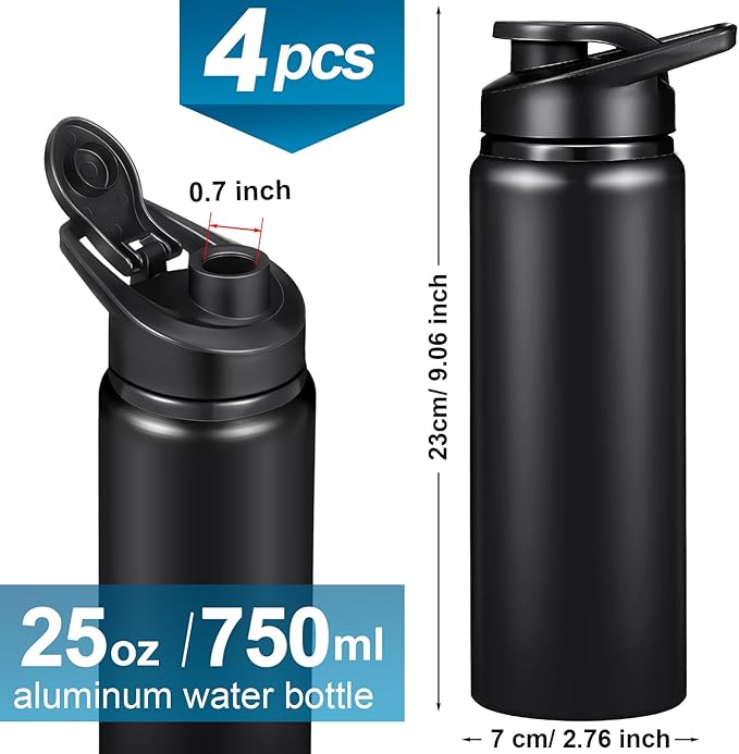 CHENGU 4 Pcs Aluminum Water Bottle 25oz Aluminum Reusable Bottles Lightweight Snap Lid Sports Water Multipack Easy Carry Leak Proof Travel for Gym Camping Hiking Outdoor Fishing (Black)