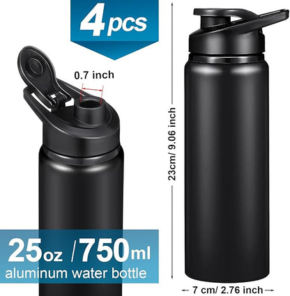 CHENGU 4 Pcs Aluminum Water Bottle 25oz Aluminum Reusable Bottles Lightweight Snap Lid Sports Water Multipack Easy Carry Leak Proof Travel for Gym Camping Hiking Outdoor Fishing (Black)