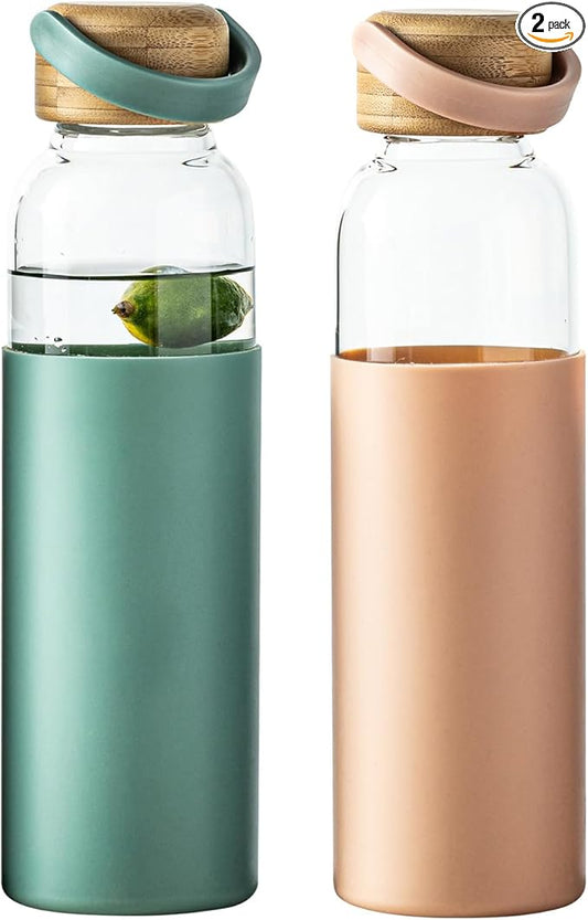 21oz Borosilicate Glass Water Bottles with Silicone Non-Slip Sleeve & Leak-Proof Lid-Reusable Drink Bottle for Office,Travel,Gym,Hiking-BPA Free,Ideal Gift for Home,Car &Fitness (Pink+Green)