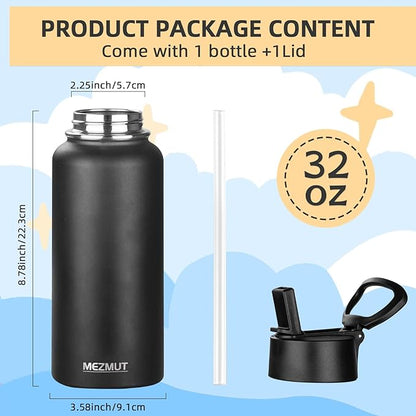 MEZMUT Insulated Water Bottle with Straw 32 oz Metal Water Bottle Leakproof Travel Stainless Steel Water Bottles Reusable Double Wall Gym Sports Cup Flask for Camping Hiking, Black