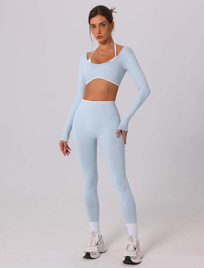 ABOCIW Workout Sets for Women Long Sleeve Crop Top Scrunch Butt Lifting High Waist Leggings 2 Piece Gym Yoga Outfits