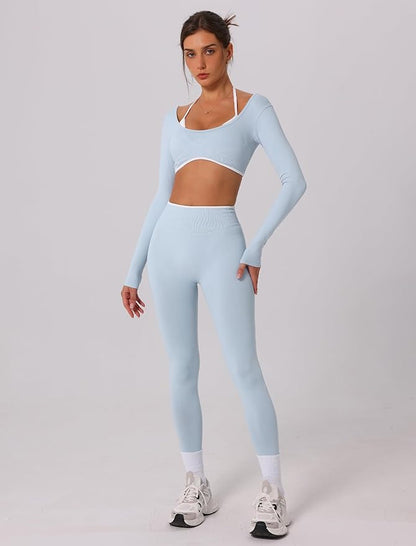 ABOCIW Workout Sets for Women Long Sleeve Crop Top Scrunch Butt Lifting High Waist Leggings 2 Piece Gym Yoga Outfits