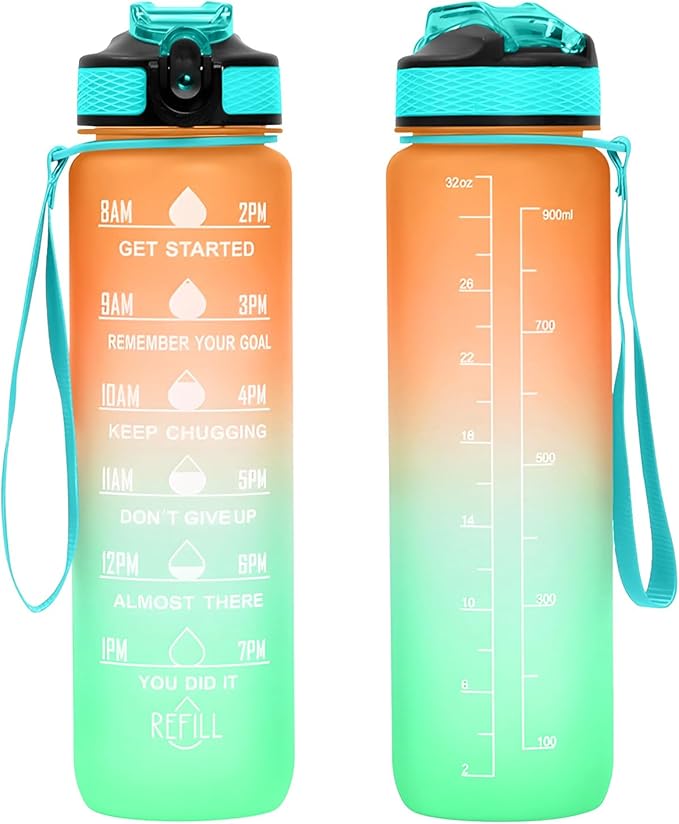 32 oz Water Bottles with Times to Drink and Straw, Motivational Water Bottle with Time Marker, Leakproof & BPA Free, Drinking Sports Water Bottle WIth Hand Strap for Fitness, Gym & Outdoor (orange-1)