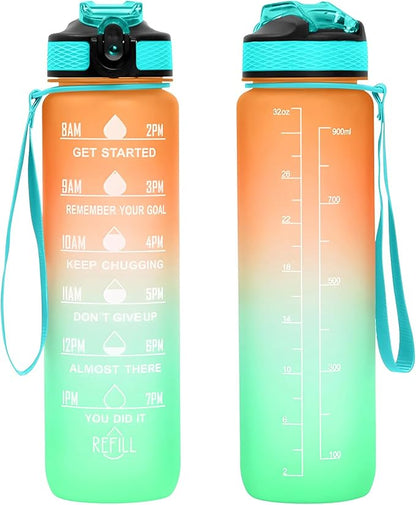 32 oz Water Bottles with Times to Drink and Straw, Motivational Water Bottle with Time Marker, Leakproof & BPA Free, Drinking Sports Water Bottle WIth Hand Strap for Fitness, Gym & Outdoor (orange-1)