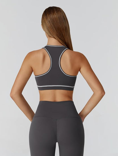 Womens workout sets Contrast Long Sleeve Jacket with Sports Bra and Butt-lifting Pants Yoga Outfits 3 Pieces Set