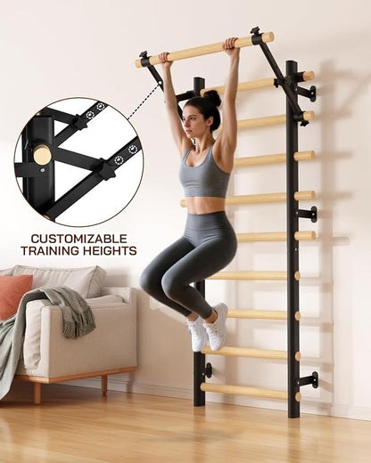 Swedish Ladder Wall Gym, Wooden Wall-Mounted Stall Bars with Pull-up Bar & Exercise Straps & Dip Bars, Stretching Ladder Full Body Home Gym Adults New