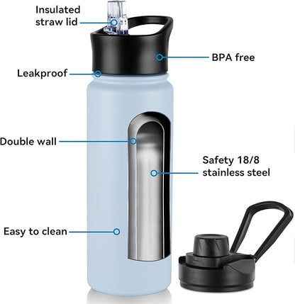 24oz Insulated Water Bottle with Straw Lid, Stainless Steel Metal Water Bottle with Straw & Wide Mouth Lid, Double Wall Vacuum Water Bottle for Hiking Camping, Light Blue 1 Pack