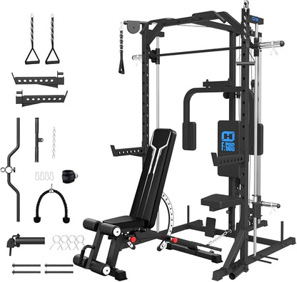 FAGUS Smith Machine Home Gym Power Cage with Pulley System, Space Saving Design Squat Rack with Full Body Strength Training Attachments, PEC Station & Fixed Cable Crossover Optional