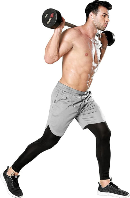 OEBLD Mens 2 in 1 Athletic Running Pants Quick Dry Gym Workout Shorts for Men Compression Pants with Pockets