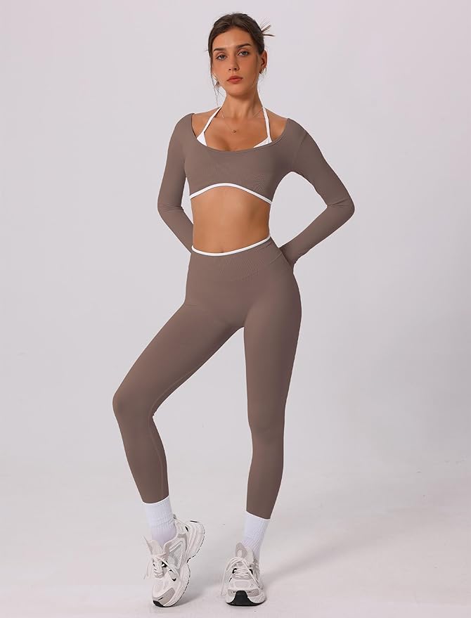 ABOCIW Workout Sets for Women Long Sleeve Crop Top Scrunch Butt Lifting High Waist Leggings 2 Piece Gym Yoga Outfits