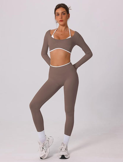 ABOCIW Workout Sets for Women Long Sleeve Crop Top Scrunch Butt Lifting High Waist Leggings 2 Piece Gym Yoga Outfits