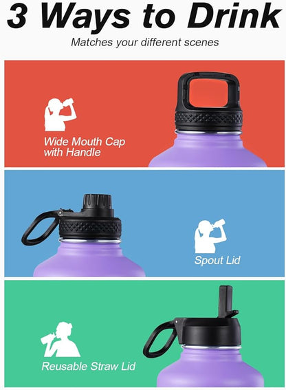 Coolflask Half Gallon Water Bottle Insulated with Straw & 3 Lids, 64 oz Water Jug Large Metal Stainless Steel Wide Mouth for Sports, Gym or Office, Non-BPA Keep Cold 48H Hot 24H, Purple Black