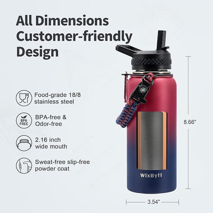 32 oz Insulated Water Bottle with Straw, Stainless Steel Triple Wall Vacuum Sports Water Jug, Leakproof Hydro Cup Flask with Paracord Handle & Straw Spout Lids & DIY Stickers