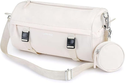 Small Gym Bag for Women Men, Mini Crossbody Travel Duffle Bag with Wet Compartment and Yoga Mat Strap, Compact Workout Bag for Sports Dance Swimming, Daily Commuting (Beige)