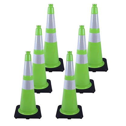 6 Pack 28 Inch Green Traffic Cones with Reflective Strips, Heavy Duty Black Base Cones for Outdoor Events, Driveways and Construction Zones (6, Green, 28 Inch)