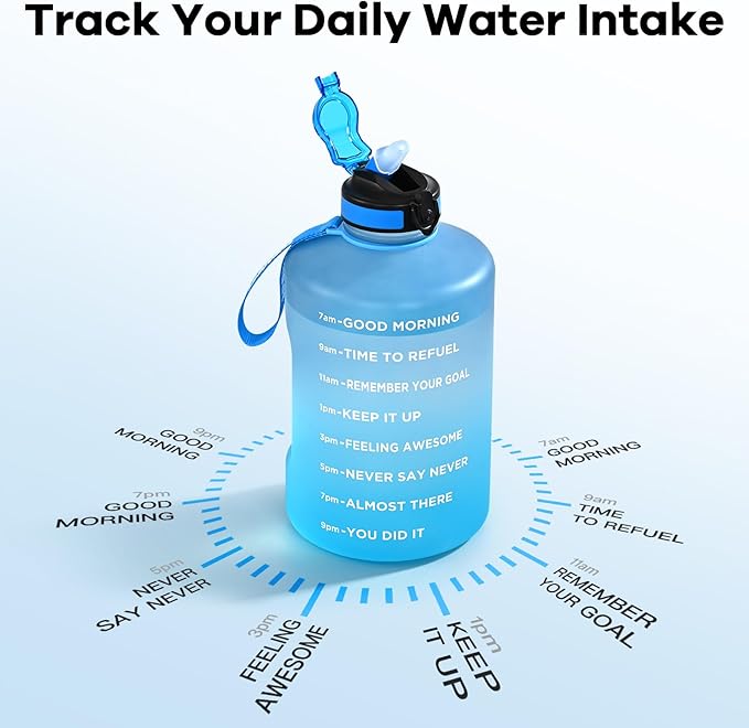 128oz Large Water Bottle with Straw and Time Marker, BPA FREE, 1 Gallon Reusable Motivational Water Bottle, for Gym, Travel, Camping, Hiking (Blue Blue)