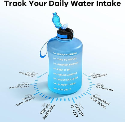 128oz Large Water Bottle with Straw and Time Marker, BPA FREE, 1 Gallon Reusable Motivational Water Bottle, for Gym, Travel, Camping, Hiking (Blue Blue)