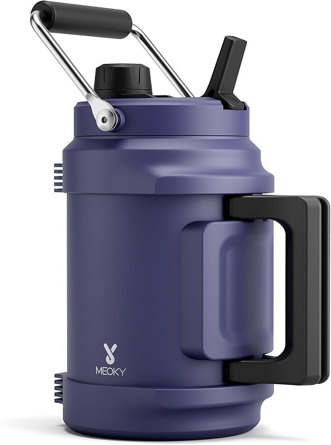 64 oz Insulated Water Bottle for Gym: Meoky Triple Wall Vacuum Stainless Steel Half Gallon Water Jug - Top and Side Handles, 2-in-1 Straw and Spout Lid, Cold for 36 Hrs, Leak Proof for Camping (Navy)