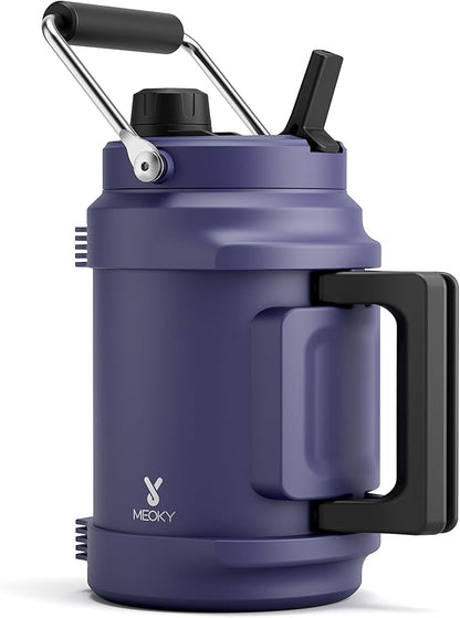 64 oz Insulated Water Bottle for Gym: Meoky Triple Wall Vacuum Stainless Steel Half Gallon Water Jug - Top and Side Handles, 2-in-1 Straw and Spout Lid, Cold for 36 Hrs, Leak Proof for Camping (Navy)
