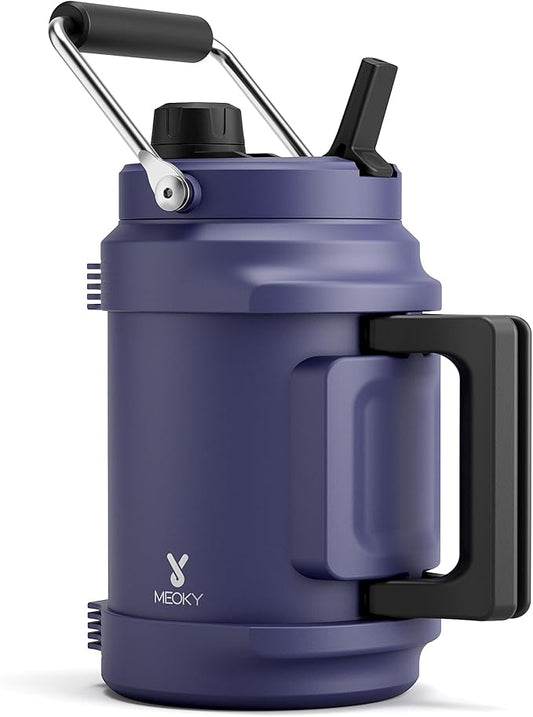 64 oz Insulated Water Bottle for Gym: Meoky Triple Wall Vacuum Stainless Steel Half Gallon Water Jug - Top and Side Handles, 2-in-1 Straw and Spout Lid, Cold for 36 Hrs, Leak Proof for Camping (Navy)