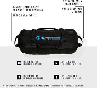 HYPERWEAR Adjustable Sandbag System, Heavy-Duty with Handles & Pre-Filled SandBell Filler Sandbags (25, 40, 80, 160 lbs)