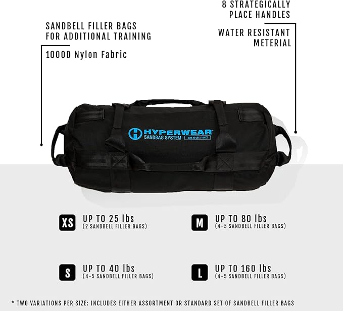 HYPERWEAR Adjustable Sandbag System, Heavy-Duty with Handles & Pre-Filled SandBell Filler Sandbags (25, 40, 80, 160 lbs)