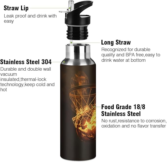 Flaming Basketball Net Water Bottle Vacuum Insulated Stainless Steel Mug Kids Water Bottle with Straw and Handle Keep Hot Cold Sport Bike Fit Travel Outdoor 20 oz