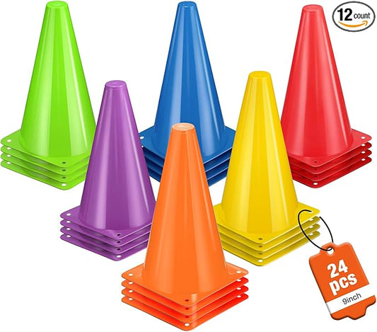 24pcs Cones 9 Inch Soccer Cones and Plastic Traffic Cones, Durable Cones for Sports Training, Ideal for Soccer, Basketball, Football, Skating, and Agility Drills Practice