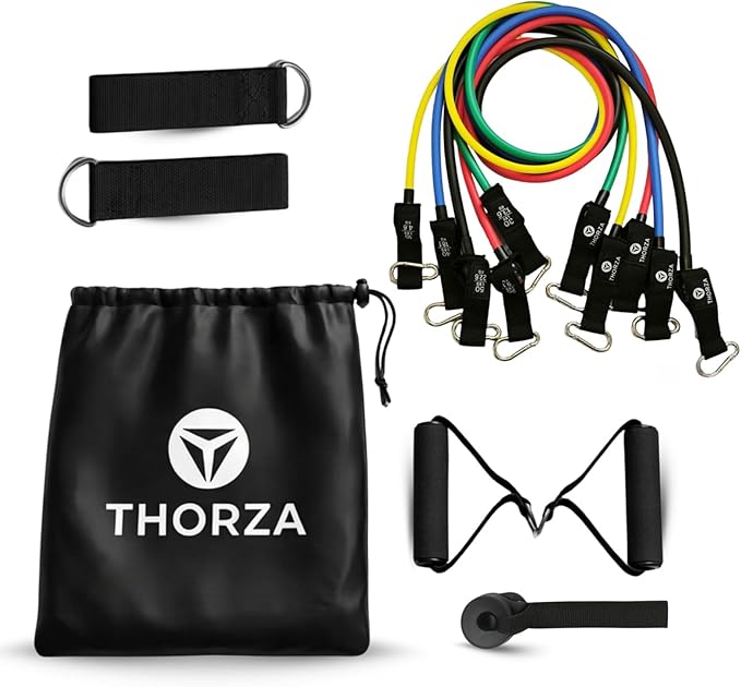 THORZA 11-Piece Full Body Strength Training with Resistance Bands Set - 5 Levels Tube Exercise Bands, Without Latex TPE Resistance Band - Door Anchor, Handles, Ankle Straps & 1 Bag