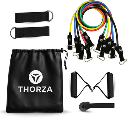 THORZA 11-Piece Full Body Strength Training with Resistance Bands Set - 5 Levels Tube Exercise Bands, Without Latex TPE Resistance Band - Door Anchor, Handles, Ankle Straps & 1 Bag
