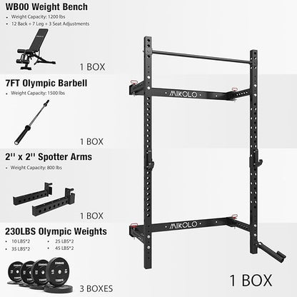 Mikolo 2" x 2" Folding Wall Mounted Squat Rack, 1000 Pounds Capacity Power Rack with Pull Up Bar, J Hooks and Other Attachments, Space-Saving Home Gym