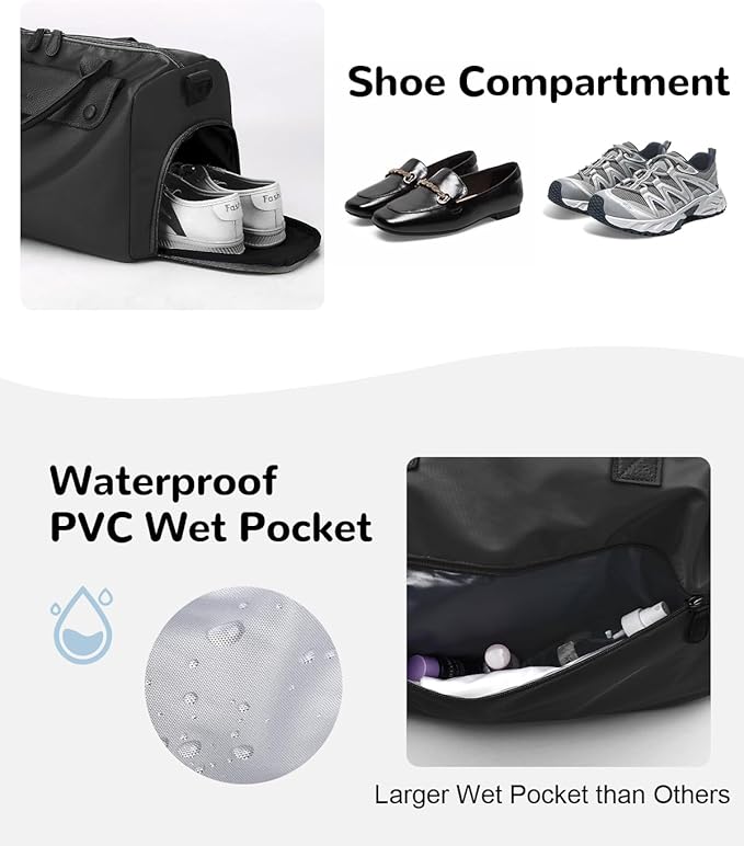 Gym Bag for Men Women with Shoe & Wet Compartment, 20L Waterproof Personal Item Carry On Travel Duffle Bag, Small Sports Duffel Bags for Fitness Workout Swimming Dance, Black