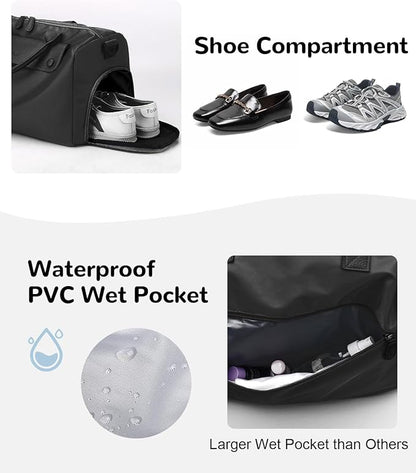 Gym Bag for Men Women with Shoe & Wet Compartment, 20L Waterproof Personal Item Carry On Travel Duffle Bag, Small Sports Duffel Bags for Fitness Workout Swimming Dance, Black