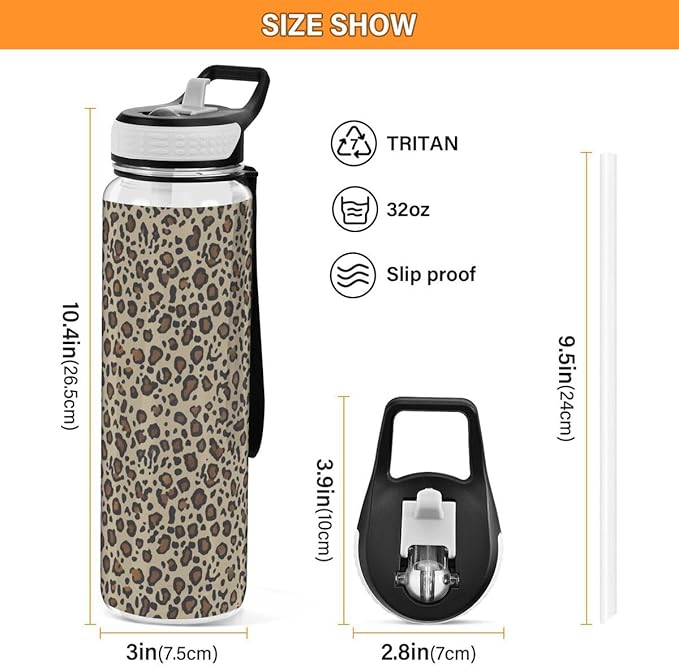 ALAZA Cheetah Leopard Print Animal Skin Sports Water Bottle with Straw Tritan Drink Bottle 32 oz BPA Free Reusable for Travel Outdoor Fitness