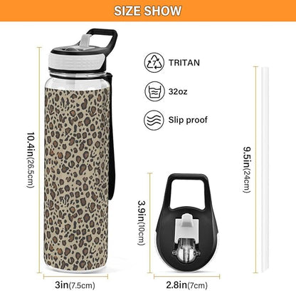 ALAZA Cheetah Leopard Print Animal Skin Sports Water Bottle with Straw Tritan Drink Bottle 32 oz BPA Free Reusable for Travel Outdoor Fitness
