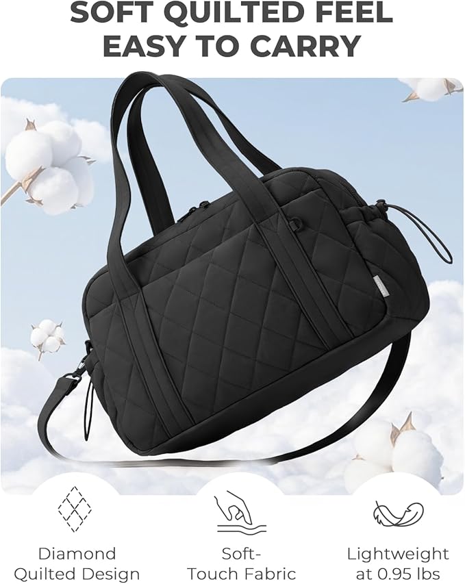 Percover Women Gym Bag with Toiletry Organizer Pouch, Quilted Workout Duffle with Compartments for Daily Fitness & Yoga, Locker-Friendly Soft Carry, Midnight Black