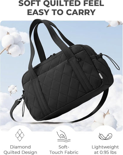 Percover Women Gym Bag with Toiletry Organizer Pouch, Quilted Workout Duffle with Compartments for Daily Fitness & Yoga, Locker-Friendly Soft Carry, Midnight Black