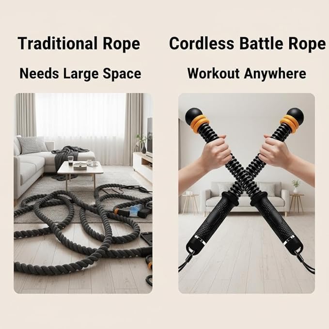 Ropeless Battle Ropes with Adjustable Weights, Cordless Heavy Battle Rope for Home Gym & Travel, Portable Weighted Exercise Equipment for HIIT, Cardio & Low Impact Workout(Black)