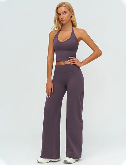 Womens Workout Sets Two Piece Spaghetti Straps Crop Top Matching Straight Leg Pants Gym Work Pilates Outfits