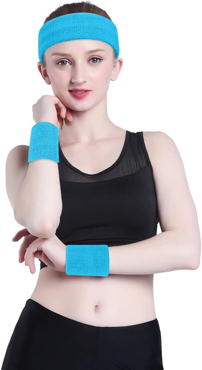 ONUPGO Sweatband Set Sports Headband Wristband Set Sweatbands Terry Cloth Wristband Wrist Sweatband Headbands Moisture Wicking Sweat Absorbing Head Band