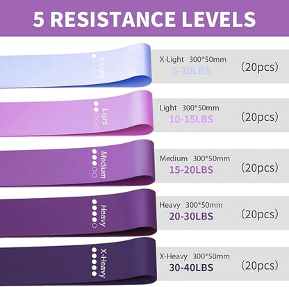 100 PCS Bulk Resistance Bands Latex, Loop Exercise Bands Set for Gym Members Sports Class Students Gift, 5 Pieces Each Set with Storage Bag, Fitness Bands for Outdoor Home Gym Yoga Pilates