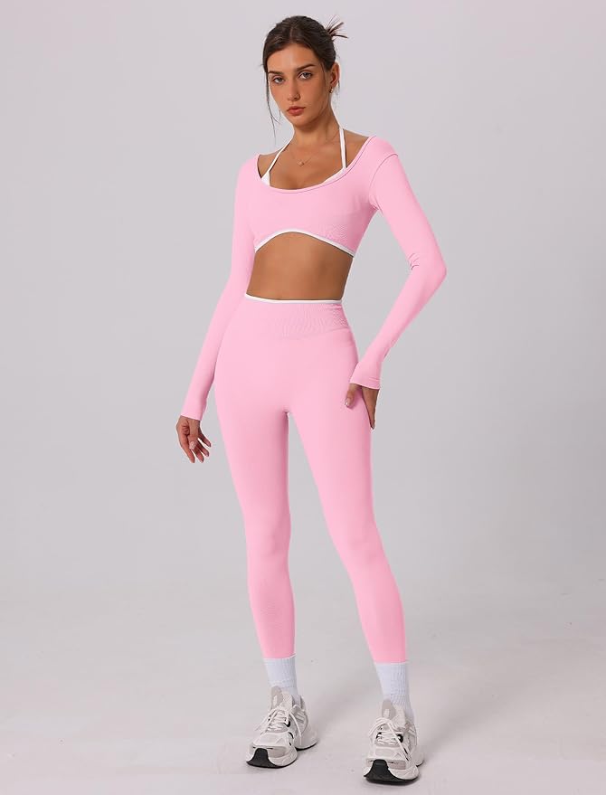 ABOCIW Workout Sets for Women Long Sleeve Crop Top Scrunch Butt Lifting High Waist Leggings 2 Piece Gym Yoga Outfits