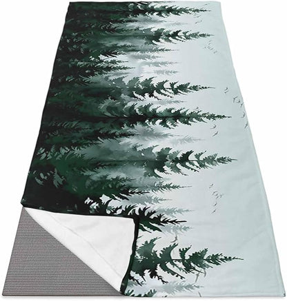 Pine Tree Forest Yoga Mat Towel with Corner Pockets for Hot Yoga Non Slip,Absorbent Yoga Blankets Microfiber Soft Gym Sweat Working Out Fitness Pilates Towels 74"x26" Green Landscape Nature Decor