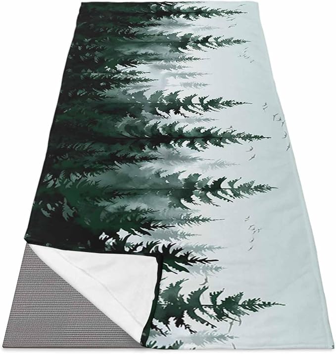 Pine Tree Forest Yoga Mat Towel with Corner Pockets for Hot Yoga Non Slip,Absorbent Yoga Blankets Microfiber Soft Gym Sweat Working Out Fitness Pilates Towels 70"x26" Green Landscape Nature Decor
