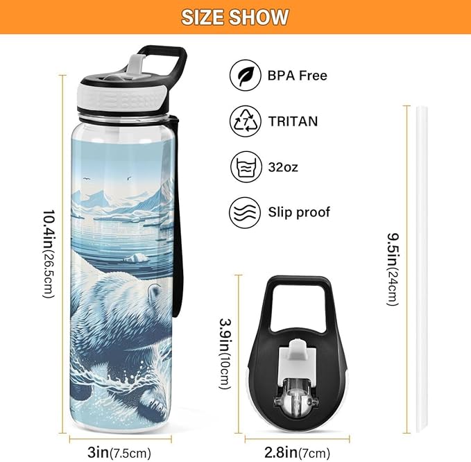 ALAZA Polar Bear Swim Winter Sports Water Bottle with Straw Tritan Drink Bottle 32 oz BPA Free Reusable for Travel Outdoor Fitness