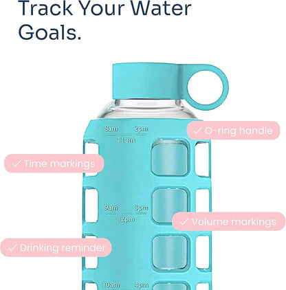 purifyou 40oz / 32oz / 22oz / 12oz Borosilicate Glass Water Bottle with Time & Volume Markers, Silicone Sleeve, Stainless Steel Lid | Reusable Glass Bottle for Water & Juice (22oz Aqua Blue)