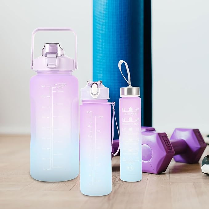 Ciieeo 3pcs Sports Water Bottle Set Large Capacity Frosted Gradient Plastic Workout Bottles (2l, 900ml, 300ml) Portable Fitness Hydration for Outdoor Gym and Hiking